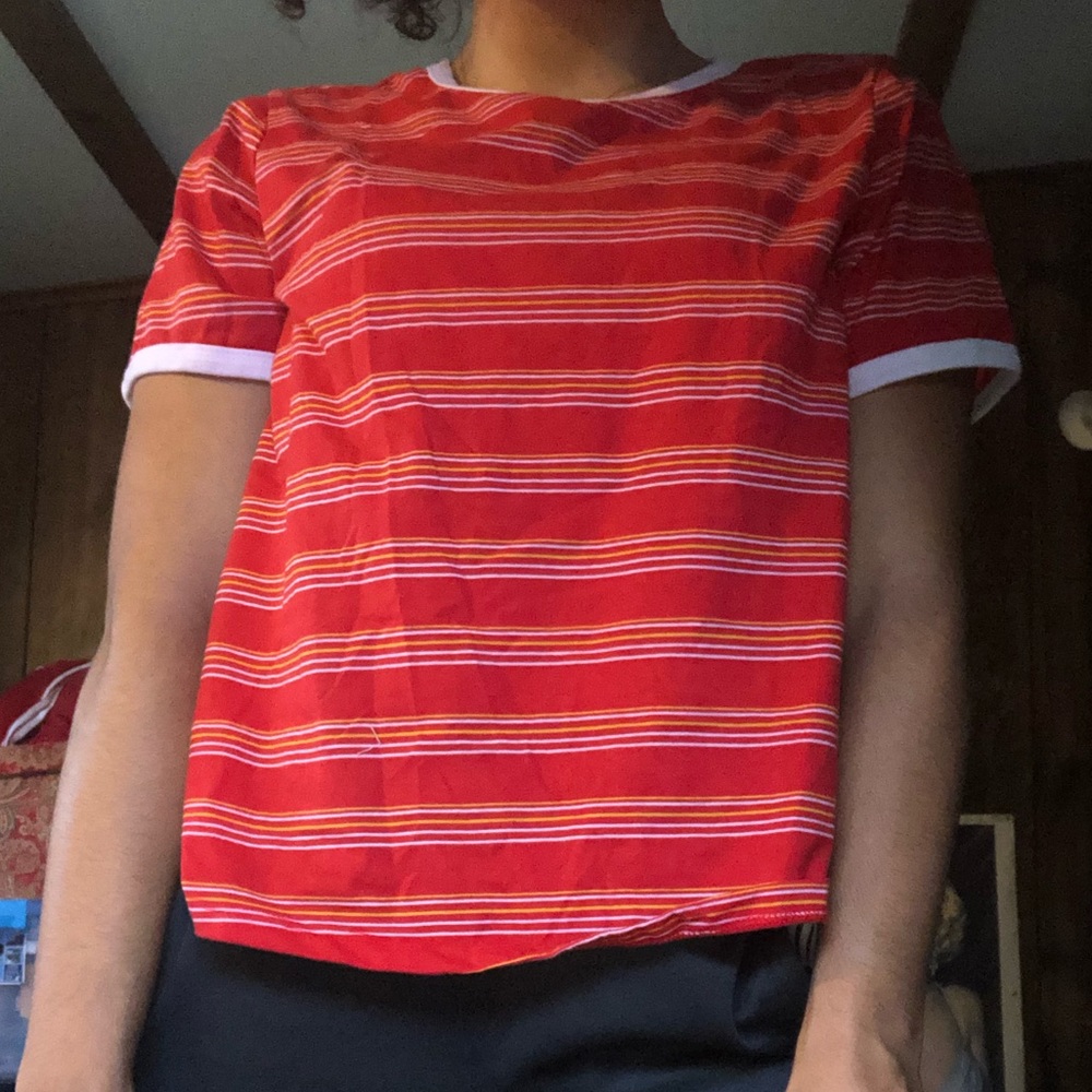 Red and white and some yellow striped shirt